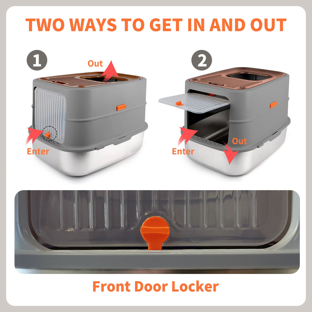 Go Fresh - Cat Litter Box - 2 Entries Hooded Cat Litter Box With Stainless Steel Base