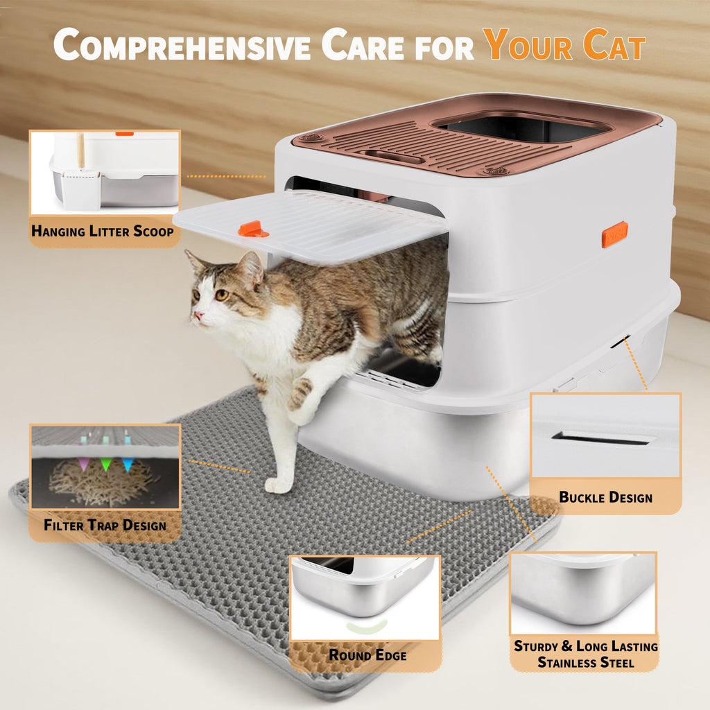 Go Fresh - Cat Litter Box - 2 Entries Hooded Cat Litter Box With Stainless Steel Base