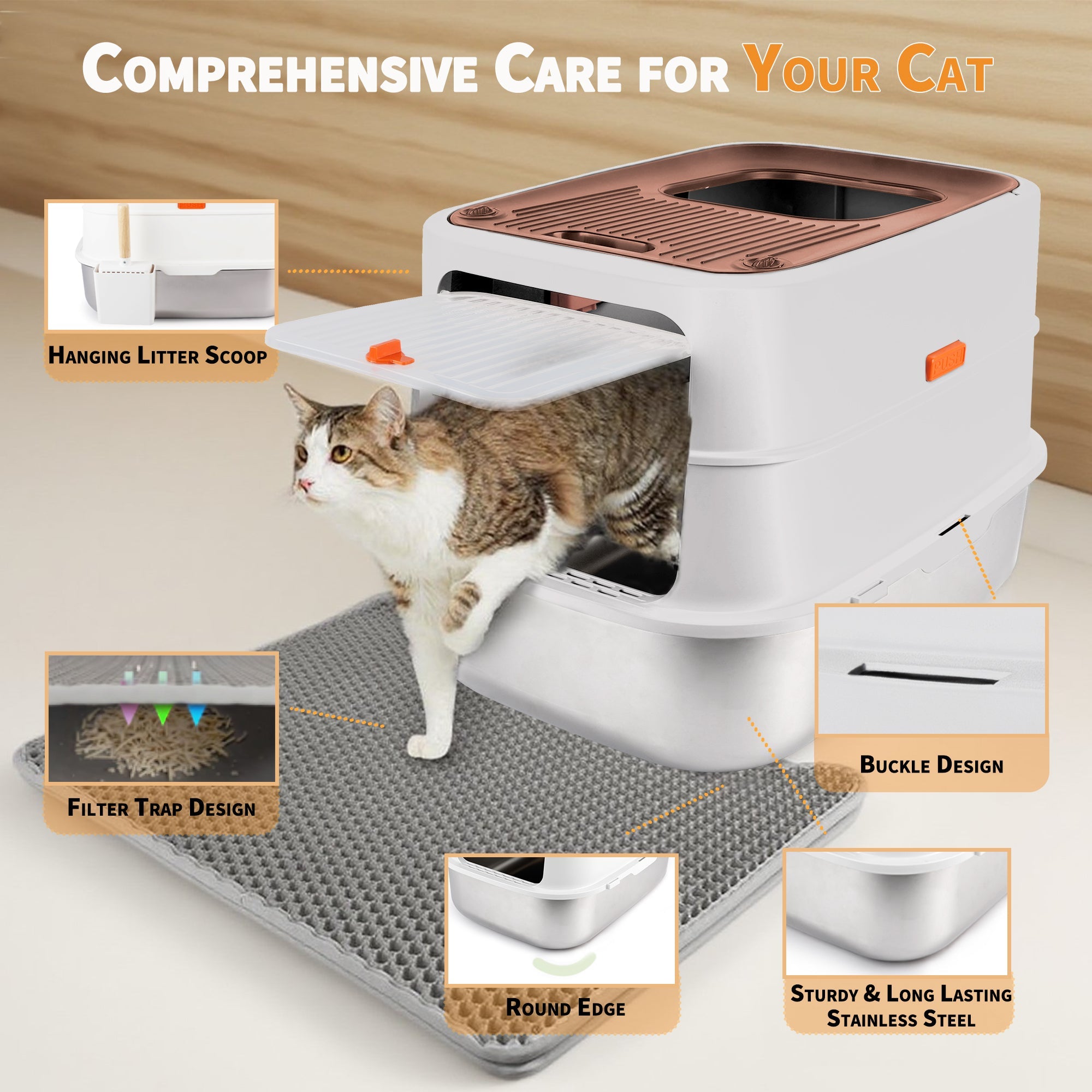 Go Fresh - Cat Litter Box - 2 Entries Hooded Cat Litter Box With Stainless Steel Base