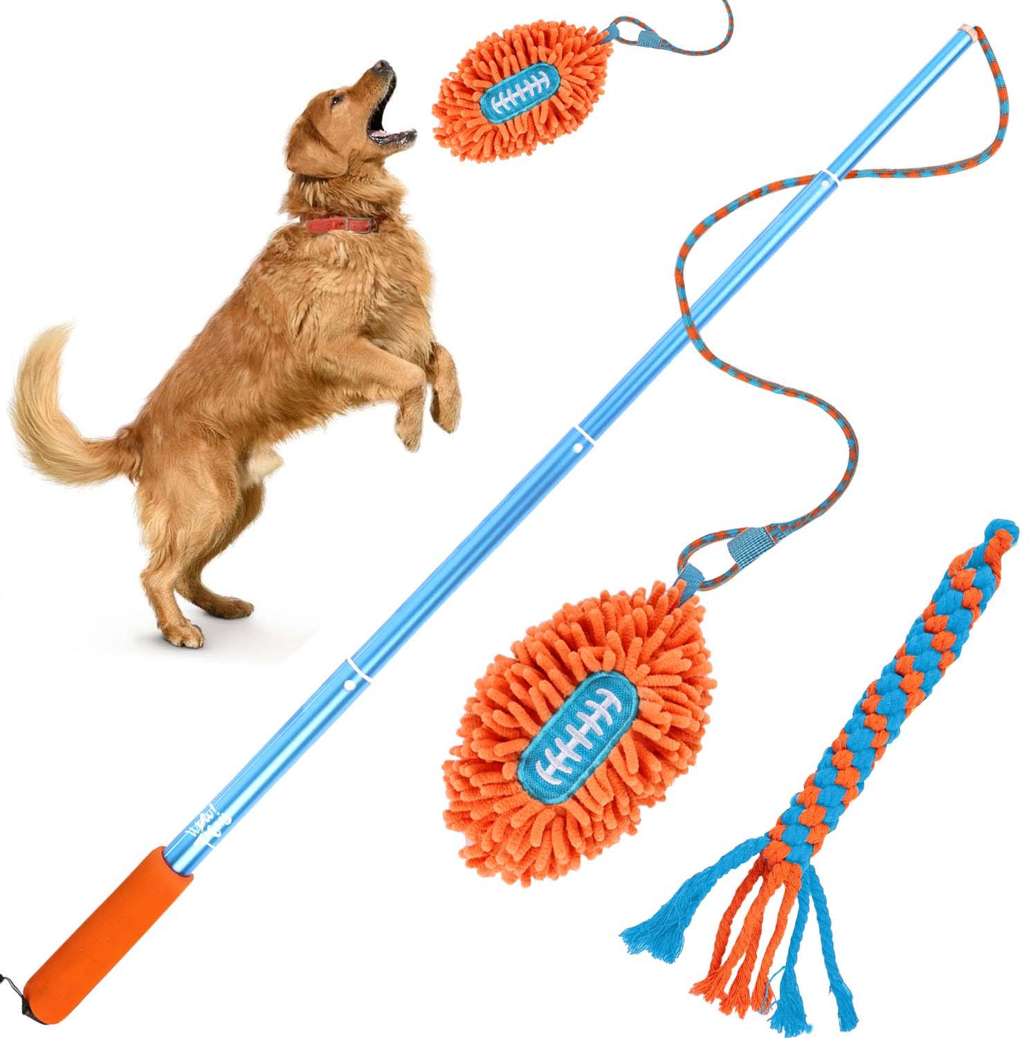 Wow Play - Dog Flirt Pole with American Football & Rope Tail Toys