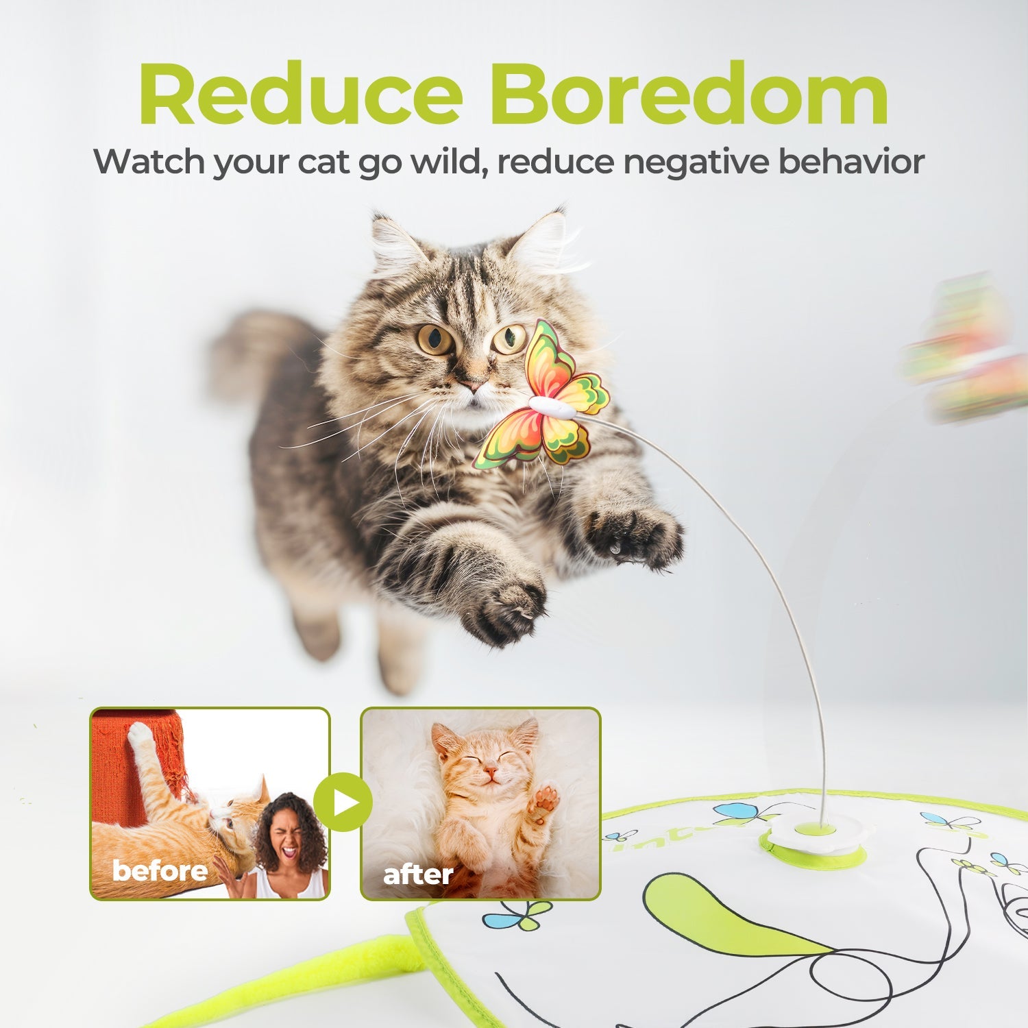 Interactive Flutter Bug Cat Toy with Motion-activated Hide-N-Seek